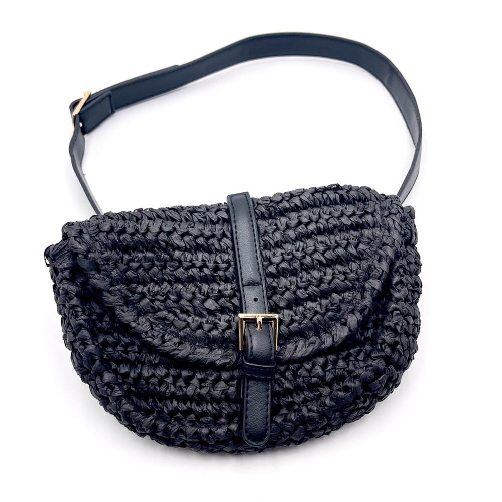 SURELL Women’s black straw fannypack handbag hands free waist bag boho style